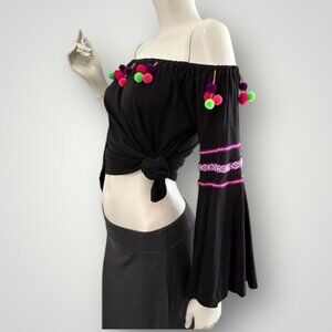 Pitusa Stretch Cotton OTS Peasant Blouse with Dingle Balls